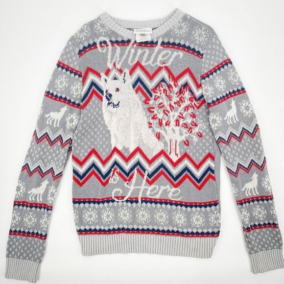 2/$30 Game of Thrones Winter Is Here Fair Isle Wolf Long Sleeve Sweater Top - Picture 5 of 10